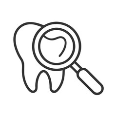 Tooth with magnifying glass icon in line art style for dental inspection