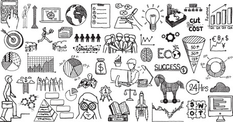 Hand drawn business plan sketch doodle icons on transparent background. Vector illustration.