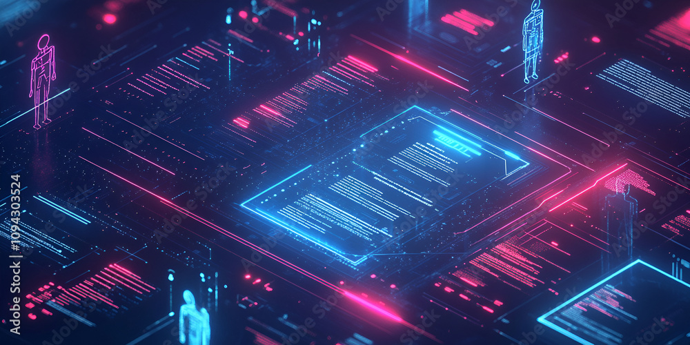 Poster digital transformation: abstract futuristic concept showing data flow and digital human figures inte