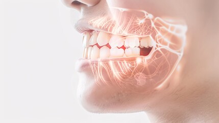 Fototapeta premium 2409_005.Highlighted oral cavity with energy patterns representing dental abscess, medical illustration style, high contrast, clean background, with faint side profile of a child as backdrop, PNG