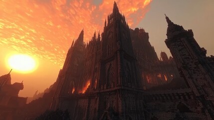 A dramatic castle silhouette against a fiery sunset sky, evoking a fantasy atmosphere.