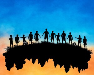 Fototapeta premium Silhouetted Kids Playing Soccer at Sunset Teamwork Friendship