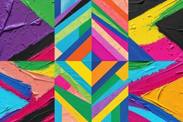 Fototapeta premium Vibrant Trendy Abstract Geometric Shapes Collection with Modern Doodle Designs and Bright Paint Textures