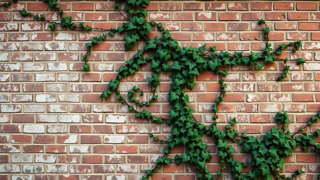Weathered brick wall with ivy vines wrapped around it in a distressed state, architectural, texture