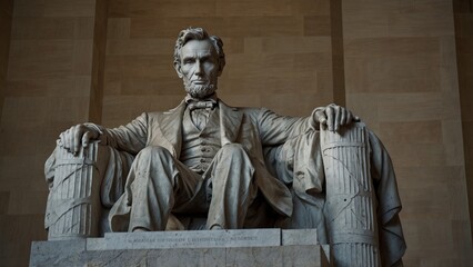 Fototapeta premium A statue of Abraham Lincoln sitting in the Lincoln Memorial, wearing a suit, with a determined expression, and the dome of the memorial in the background