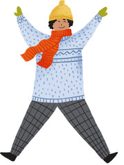 A boy in winter clothes jumping and open his hand happily illustration