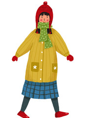 young girl in winter clothes walking side way illustration
