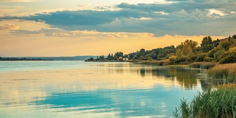 Fototapeta premium landscape painting featuring a serene lake with yellow tan blue teal watercolor strokes, natural beauty, watercolor paintings