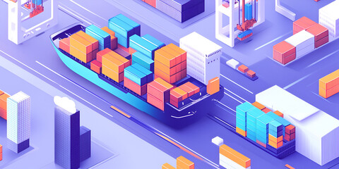 Obraz premium Global Trade & Shipping in Motion: An isometric illustration that captures the vibrant energy of global commerce, showcasing a cargo ship, containers, and industrial infrastructure.