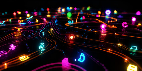 Neon Dreamscape: A vibrant, abstract digital artwork showcasing a network of interconnected glowing neon icons and symbols, representing the boundless potential of technology and connectivity.