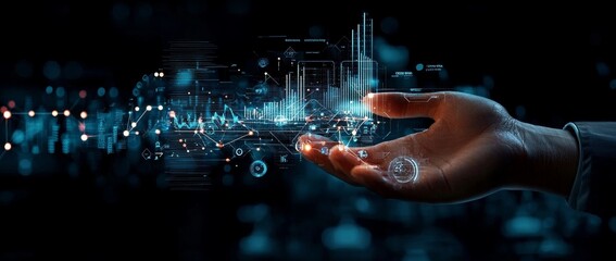 Futuristic Hand with High-Tech Interface Touching Holographic Screen for Data Visualization and Business Growth Analysis