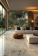 Modern interior design, a living room in a villa with a white marble floor and large windows leading to the garden. Glass walls on one side of the bedroom, minimal furniture with dark color accents.