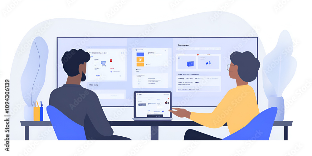 Poster Data Analysis Duo: Two colleagues collaborate on a large screen, analyzing data and charts, showcasing the power of teamwork and data-driven decision-making.  