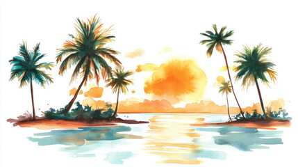 Watercolor painting of a serene beach sunset with palm trees, isolated on white background.,