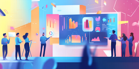 Data-Driven Insights: A diverse team of professionals collaborates around a giant digital screen displaying a colorful array of data and graphs in a vibrant and futuristic setting. 