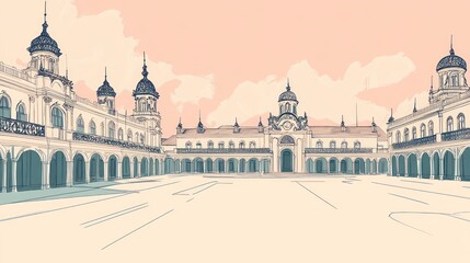 Obraz premium A digital illustration of an ornate architectural courtyard with domes and decorative elements.