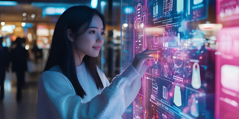 Future of Shopping: Young woman interacts with a futuristic interactive display in a modern shopping mall, showcasing innovative retail technology and seamless user experience. 