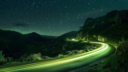 The gentle curve of the road is traced by an elegant green light trail beneath the night sky.