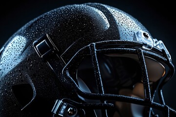 A close-up of a black football helmet covered in water droplets, showcasing its sleek design.