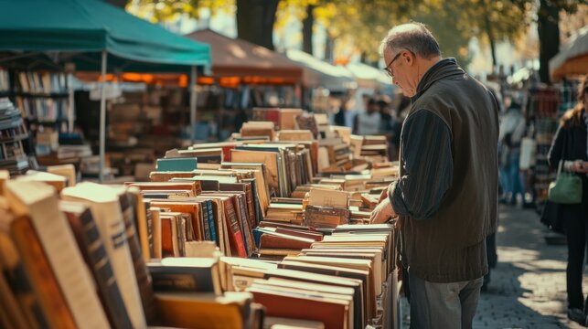 Locals browse unique antiques and vintage books at a bustling flea market under sunny skies