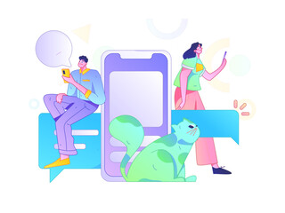 Virtual characters social communication concept business flat vector hand drawn illustration
