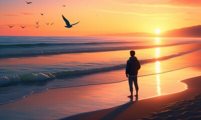 Tranquil beach sunset: solitary figure enjoys vibrant horizon and gentle waves