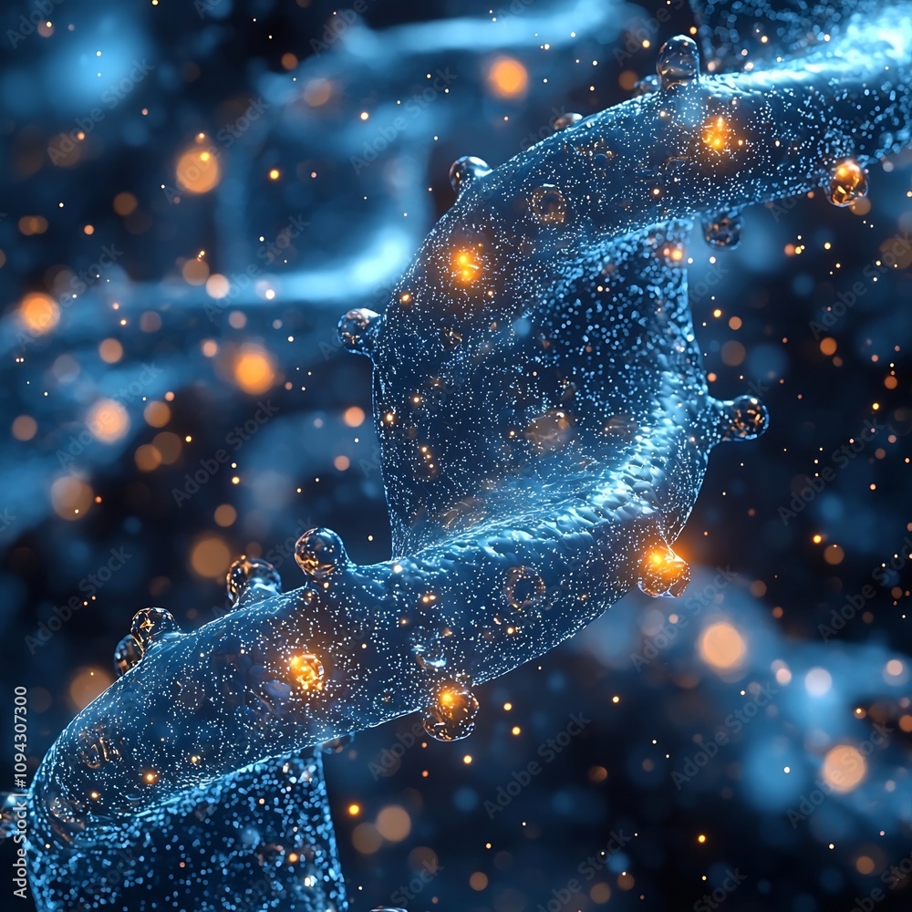 Poster floating digital data streams in synthetic biology laboratory visualizing genetic modifications in r