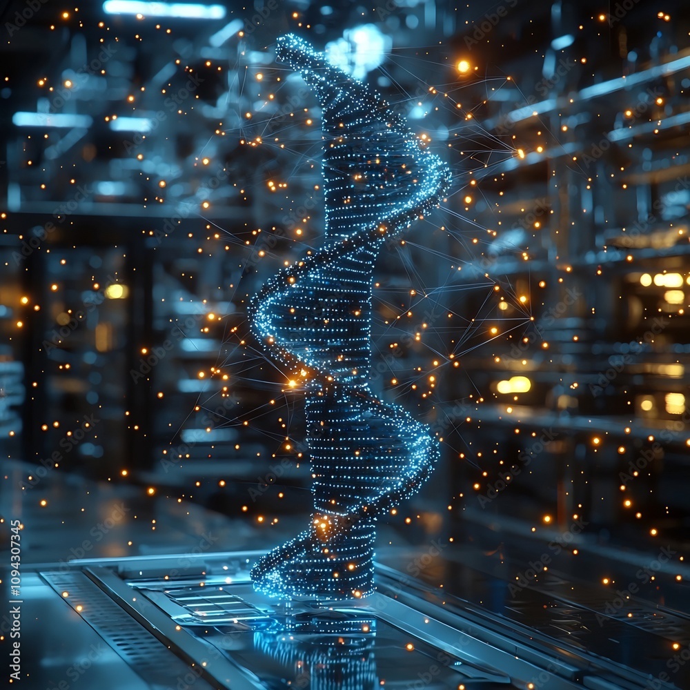 Poster synthetic biology lab with floating digital data streams connecting cells genetic modifications in r