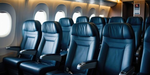 Fototapeta premium Modern airplane interior with comfortable leather seats and natural lighting
