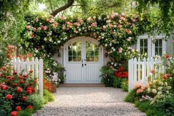 Obraz premium Vintage Garden Gate Surrounded by Lush Greenery and Colorful Flowers, Perfect for Garden Decor and Landscaping Inspiration