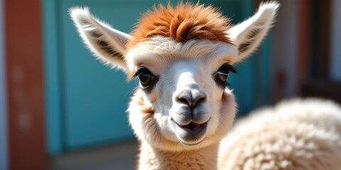 Obraz premium Adorable alpaca face with fluffy fur in bright sunshine closeup