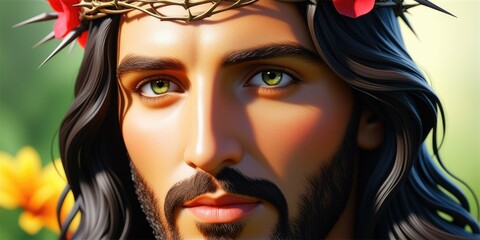 Obraz premium Serene portrait of bearded man with colorful headpiece in natural light