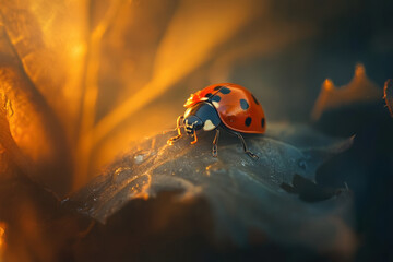 Vibrant Ladybug Resting on a Dew-Covered Leaf in Close-Up

