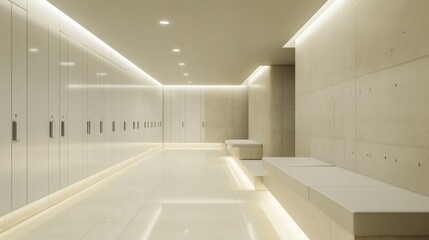 Obraz premium A modern hallway featuring lockers and benches, designed for a functional space.