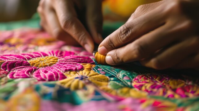Artisans craft Nakshi Kantha quilts with vibrant patterns and intricate stitching