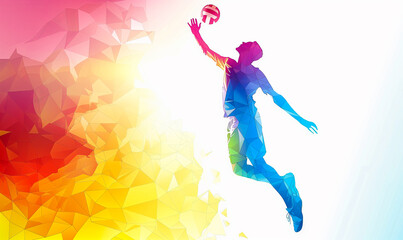 Fototapeta premium A sports poster banner featuring a volleyball. The abstract background with colorful patterns enhances the dynamic design.
