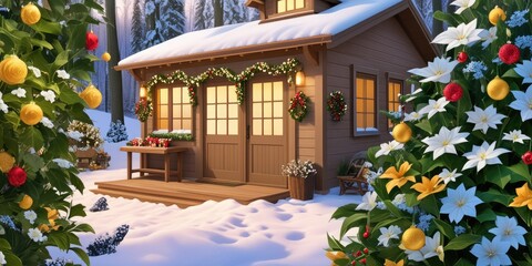 Cozy winter cabin with festive wreaths surrounded by snowy floral scenery