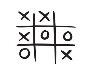 Hand drawn tic tac toe game, doodle X-O children game. Noughts and win. Play tictactoe draw.