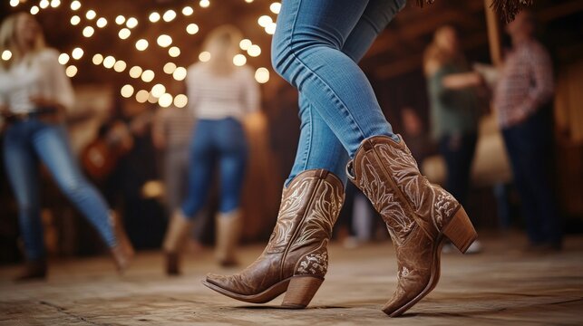 Caucasian adults line dancing in cowboy boots at rustic barn event with string lights.