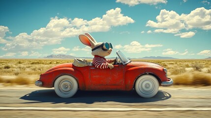 Easter Bunny Driving Vintage Convertible on Desert Road