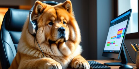 Chow chow dog wearing headphones while relaxing at work desk with computer screen