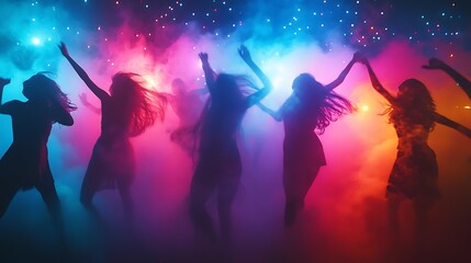 Obraz premium Vibrant dance party with colorful lights nightclub event photography energetic atmosphere side view celebration