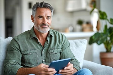 Middle aged man relaxing on couch using tablet in modern living room with casual attire and thoughtful expression