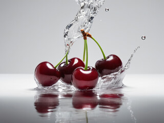 Vivid red cherries splashed with water, creating dynamic droplets.