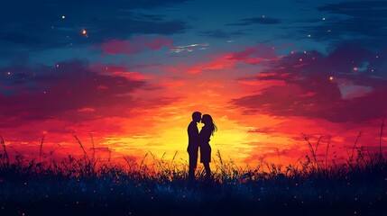 Fototapeta premium Romantic sunset embrace open field digital art evening love