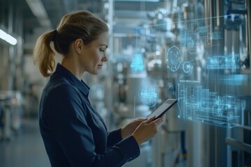 Caucasian female engineer analyzing augmented reality tech designs in industrial setting.