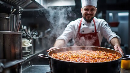 Chef Smiling While Presenting a Large Pot of Freshly Cooked Tomato Sauce in a Professional Kitchen, Emanating Steam, with Kitchen Utensils and Equipment in the Background