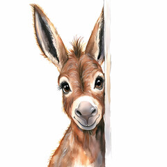Fototapeta premium Cute Donkey Peeking Around the Corner – Whimsical Art for Kids' Rooms and Gifts, generated ai