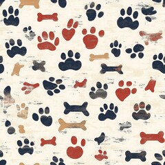 Fototapeta premium Rustic Dog Paw Prints Bones Seamless Pattern Texture
