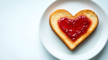 A heart shaped piece of toast on a plate with white tablecloth,Love on a Slice Heart Shaped Jam on Toast